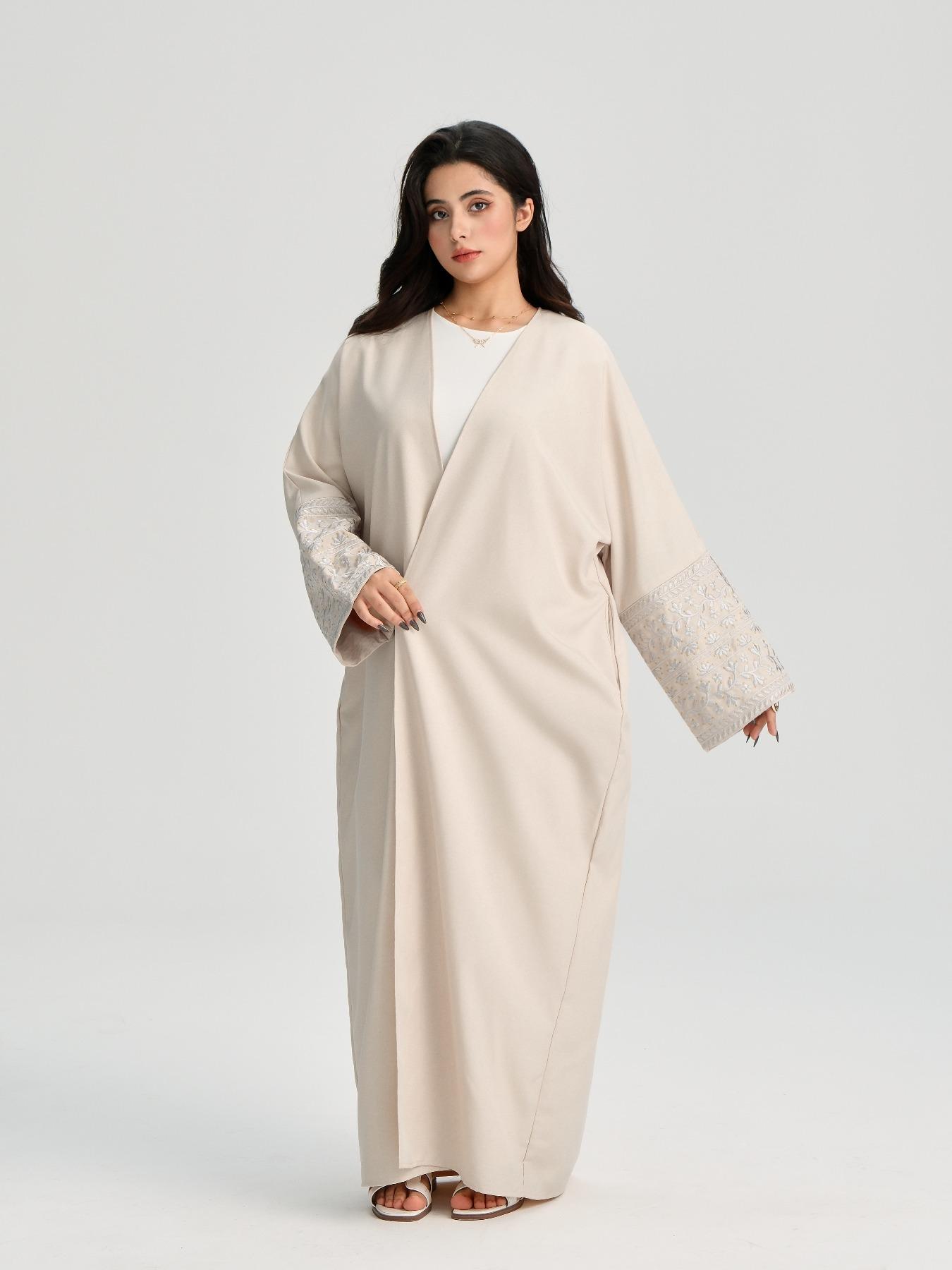 Women's Floral Embroidery Ethnic Pattern Open Abaya Cardigan with Pocket Round Neck Batwing Dress, Casual Modesty Long Sleeve Long Dress for Daily Wear, Modesty Muslim Clothing, Women's Islamic Clothing for All Seasons