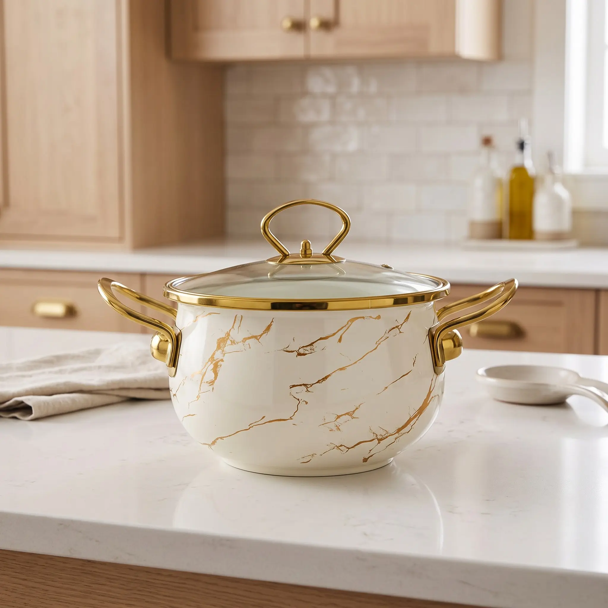 1pc Enamel Marble Pattern 18cm Handmade Multi-Functional Soup Pot, Seafood Pot, Cooking Pot, Easy Clean Non-Stick Kitchen Ware