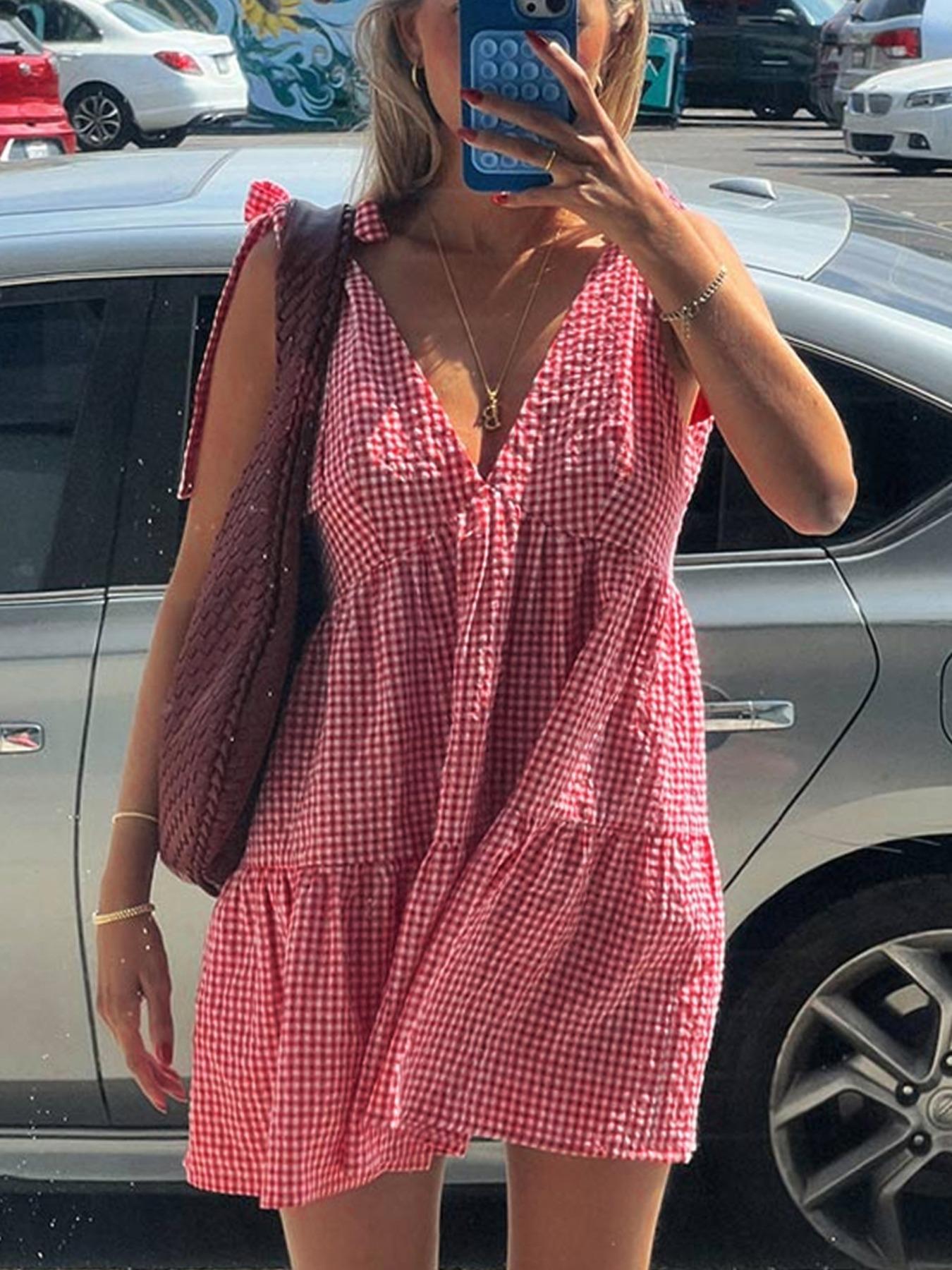 Women's Plaid Print Bow Decor Tie Shoulder Dress, Casual Fashion Gingham Dress for Daily Holiday Vacation Wear, Ladies Dress for Summer