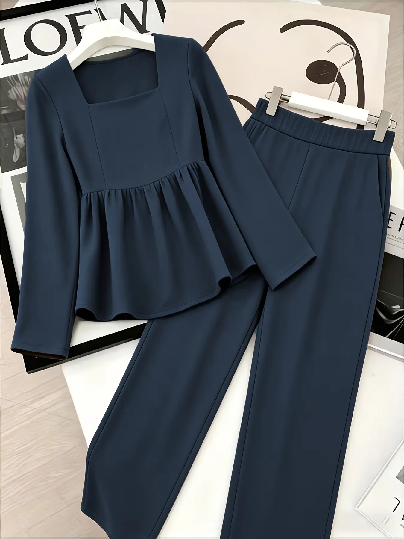 Women's Spring Summer Solid Color Square Neck Long Sleeve Waist Cinched Skirt Top Wide Leg Pants Two Piece Set Outfit, Chic Elegant Office Casual Clothes