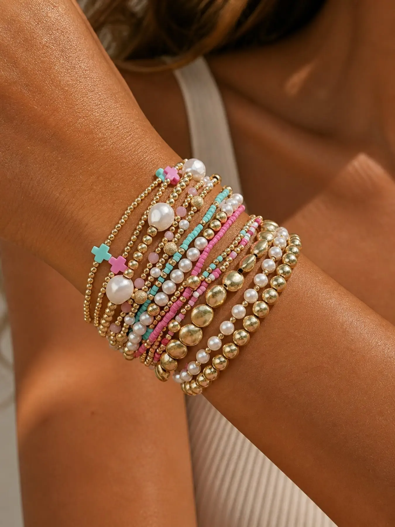 13pcs Bohemian Style Handmade Beaded Stretch Bracelet Set, Multi-Layer Stackable Bracelets, Suitable For Women's Daily, Vacation, Party Wear