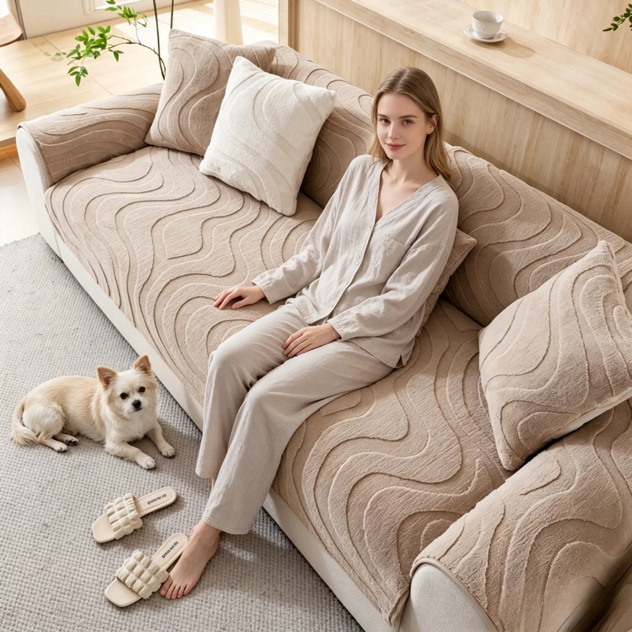 1pc Simple Wave Texture Plush Sofa Cushion, Non-Slip Washable, Wood Style Living Room Dust Cover, Pet-Friendly, Fits 1/2/3/4 Seater Sofas