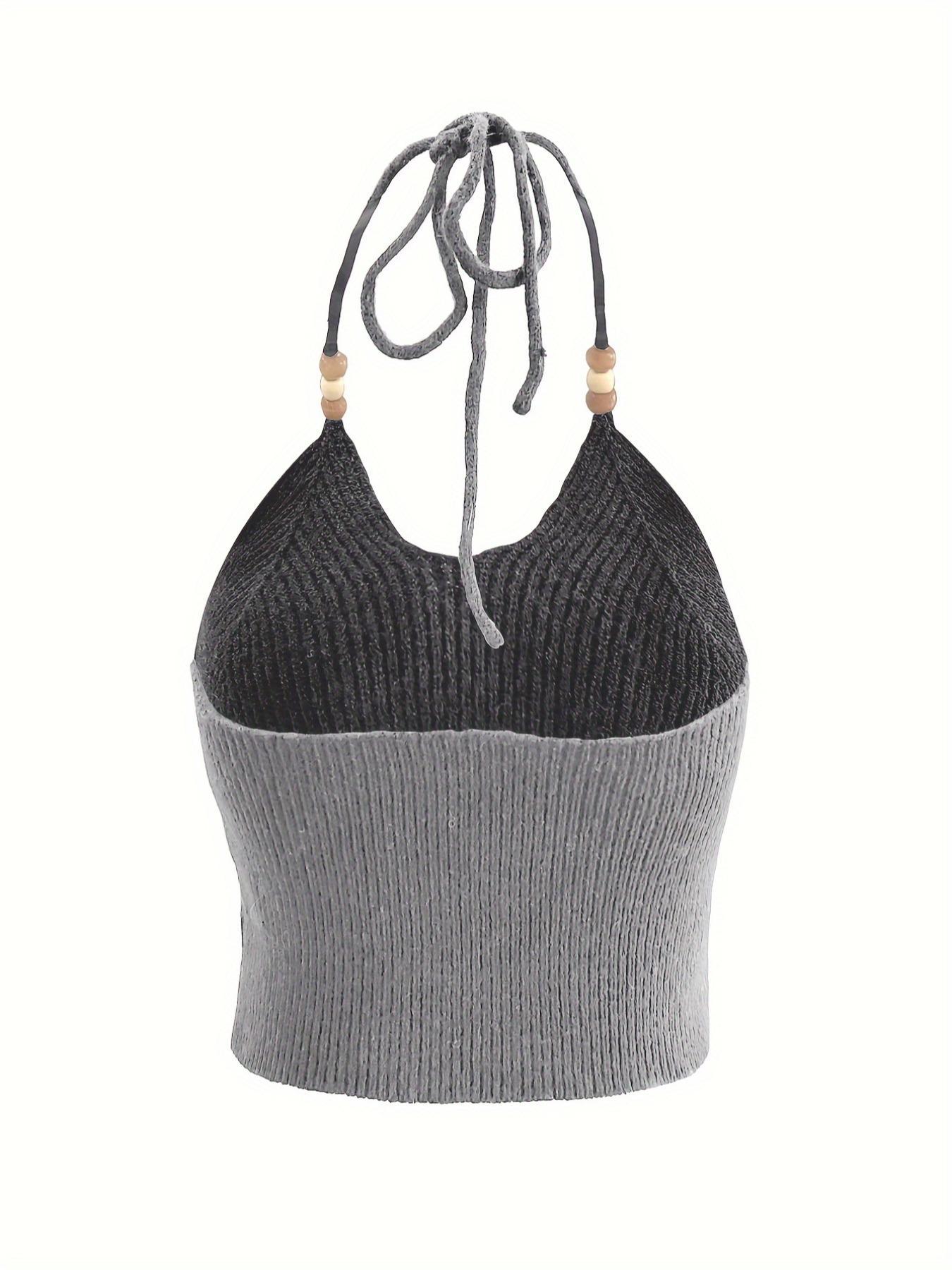 Women's Ethnic Pattern Halter Neck Crop Sweater Vest, Boho Casual Tie Back Backless Cami Top for Summer, Ladies Clothes for Beach Holiday Vacation