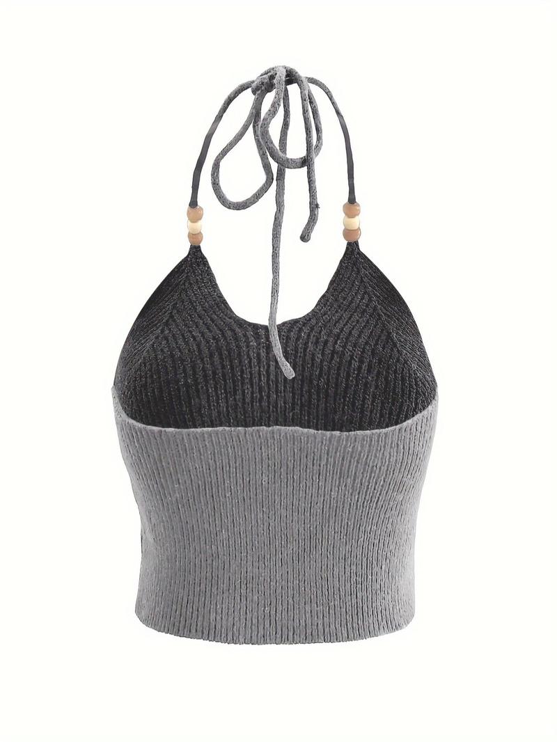 Women's Ethnic Pattern Halter Neck Crop Sweater Vest, Boho Casual Tie Back Backless Cami Top for Summer, Ladies Clothes for Beach Holiday Vacation