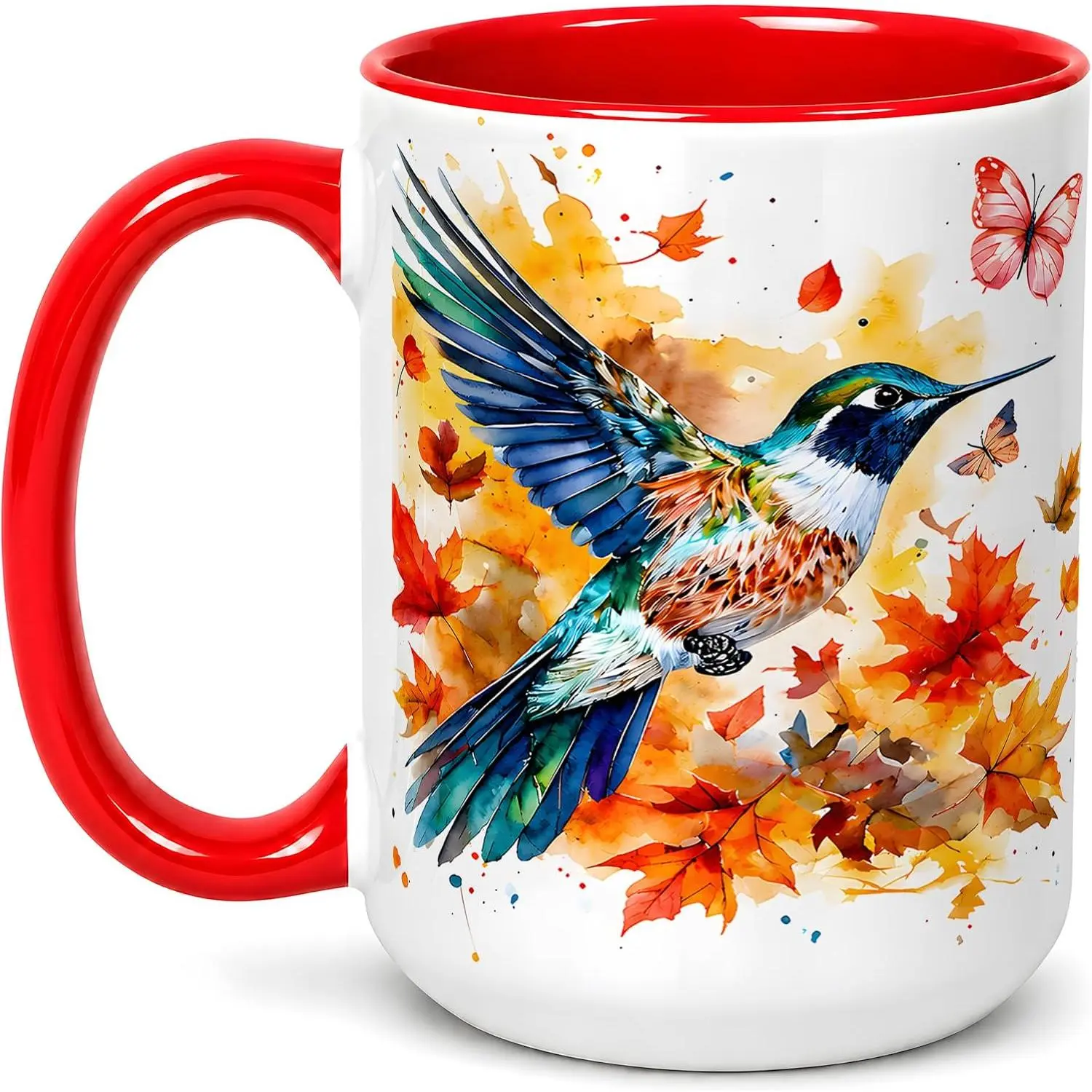 Watercolor Hummingbird Coffee Mug, Autumn Bird Mug, Fall Nature Kitchen Theme, Maple Leaves Butterfly Artwork, Red Accent Ceramic 15 oz Double Sided Drinkware,  Office Cup
