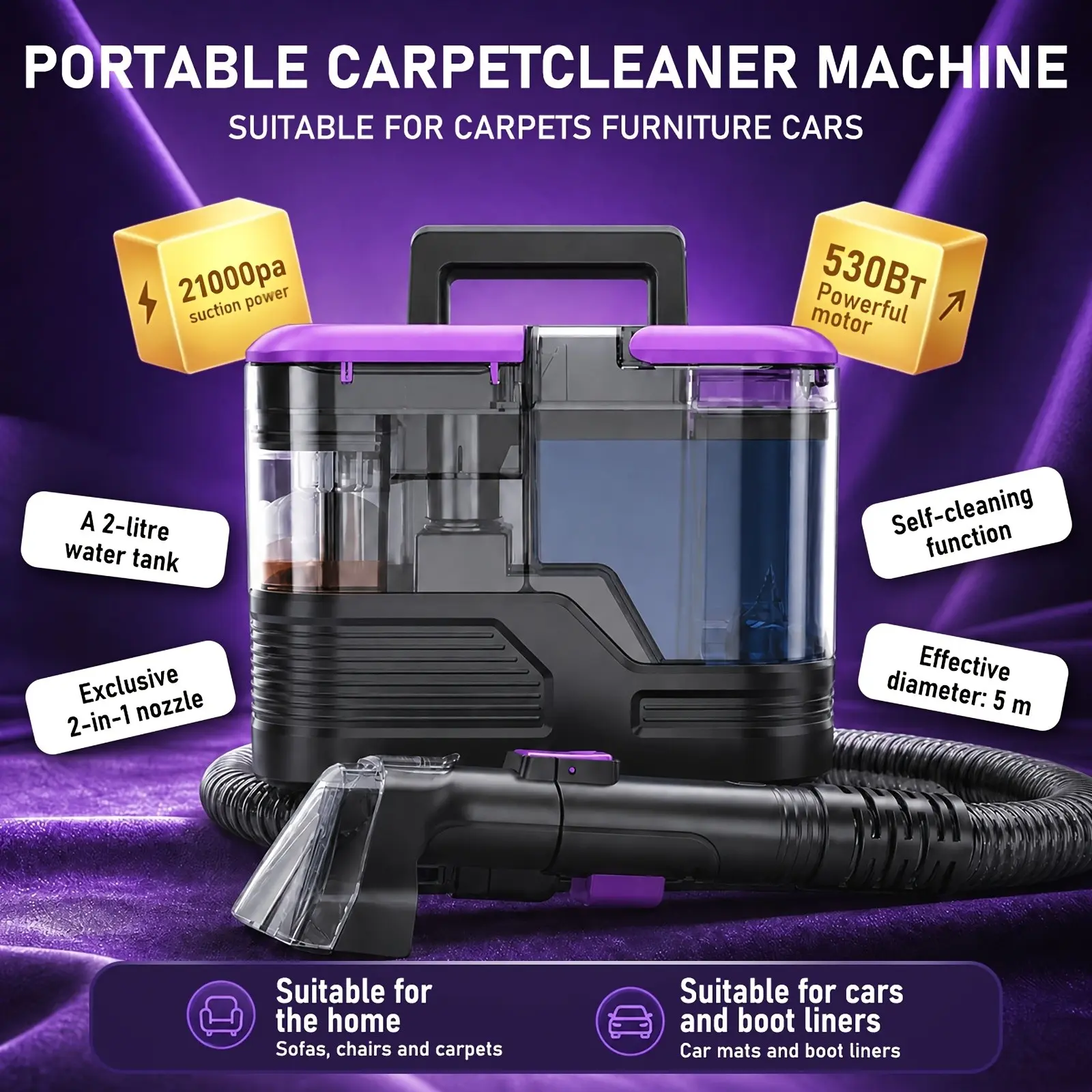 Carpet Cleaner Machine Upholstery - 21KPA 530W Shampooer Couch Cleaning Portable Vacuum Rug Sofa Car Seat Fabric Mattress Pet Spot Extractor for Furniture Water Hand Held Scrubber Small Deep Washer