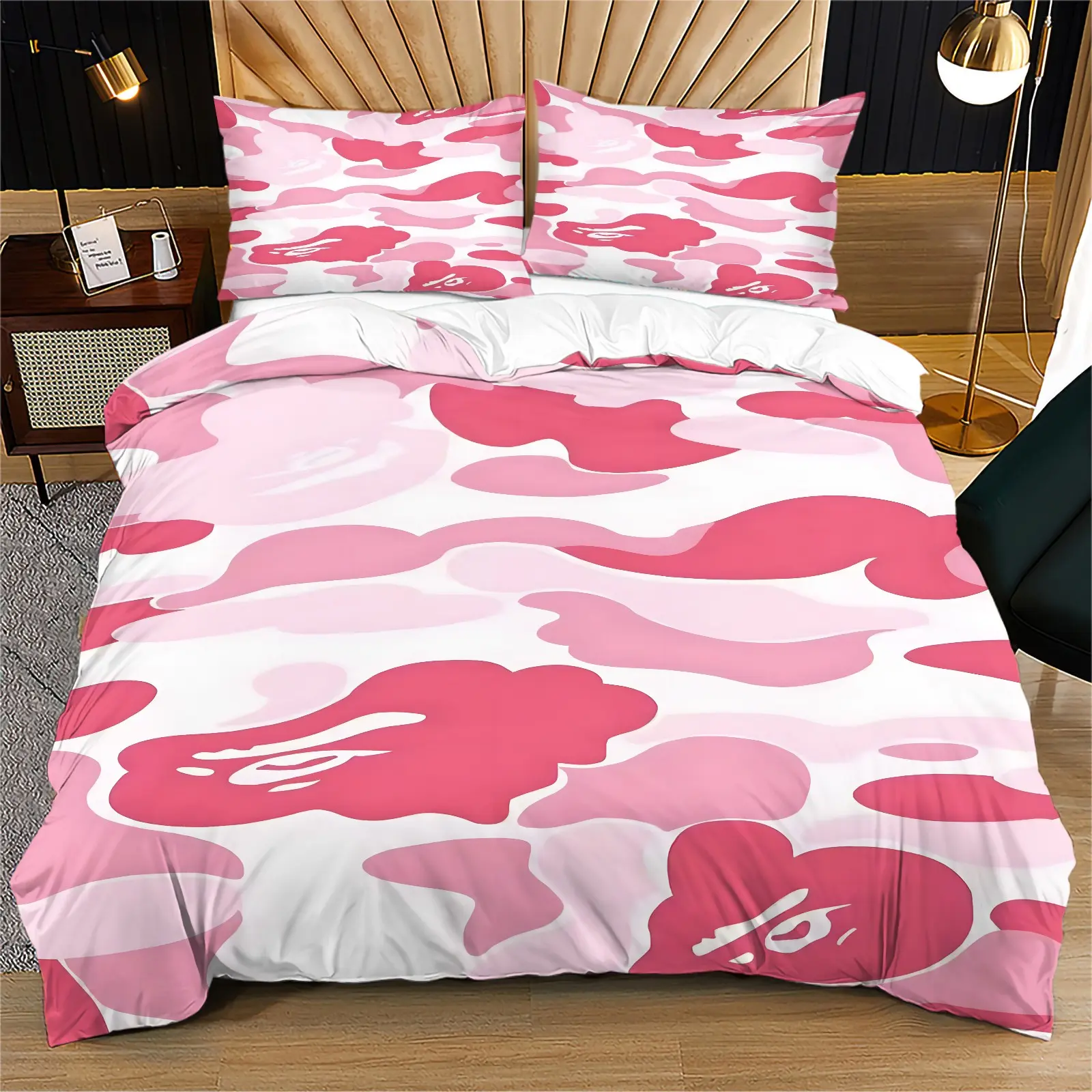 Pink Camo Camouflage Pattern Print Duvet Cover Set, Sweet Gradient Pink Camo Fashion Bedding Set, Soft Breathable Washable Bed Cover With Zipper & Corner Ties, Includes 2 Pillowcases - without Core
