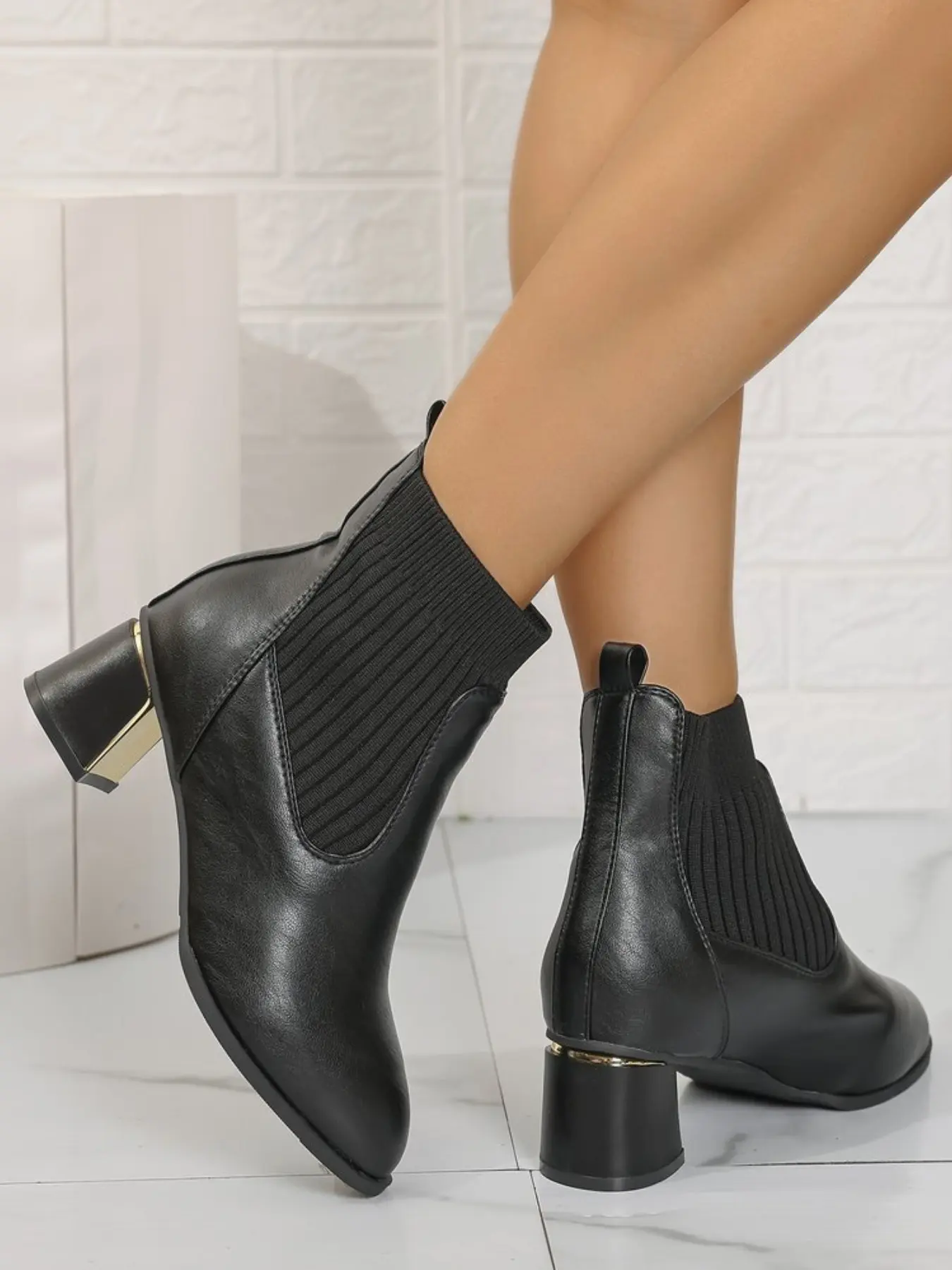 Elegant Stretch Cuff Skinny Boots, Waterproof Durable PU Leather, Metal Gold Trim Thick Heel, Fall Winter Office Wear, Low Ankle Boot