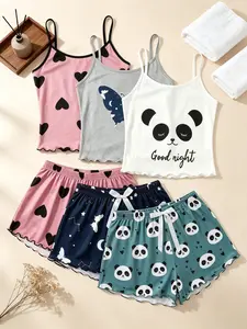 Women's Sleepwear 6 Pack Value Matching Set Cute Panda Heart Starry Butterfly Print Summer Spaghetti Strap Lettuce Ruffle Hem Contrast Trim Bow Waist Soft Breathable Lightweight Stretchy Cami Top Shorts Home Lounge Casual Daily Wear Multipack Sleep Set