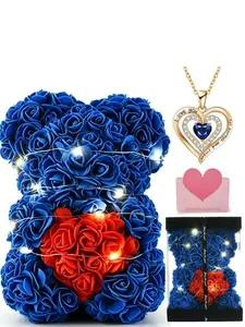 Pe Foam Rose Everlasting Flower Bear Heart Blue Gem Necklace Set, Valentine's Day Gift, Mother's Day Gift, Birthday Christmas Gift