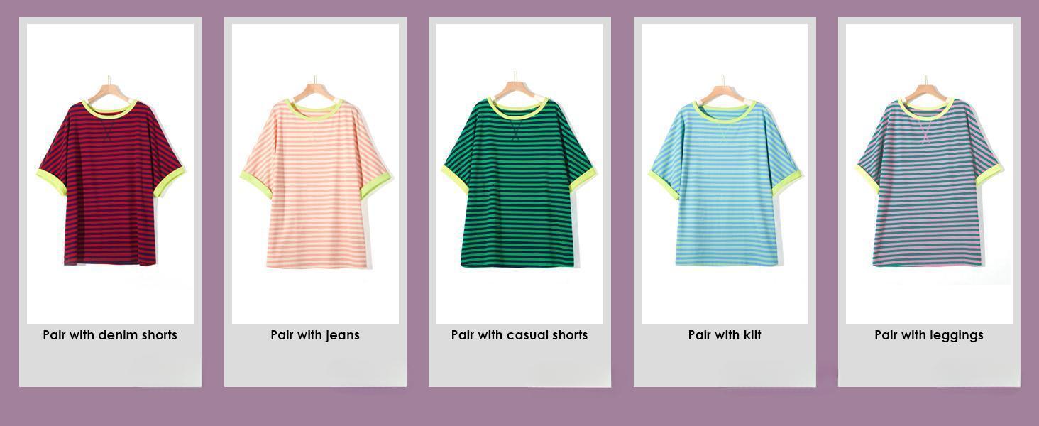 Imily Bela Womens Oversized Striped Tee Shirt Summer Casual Color Block Half Sleeve Crew Neck Tunic Tops