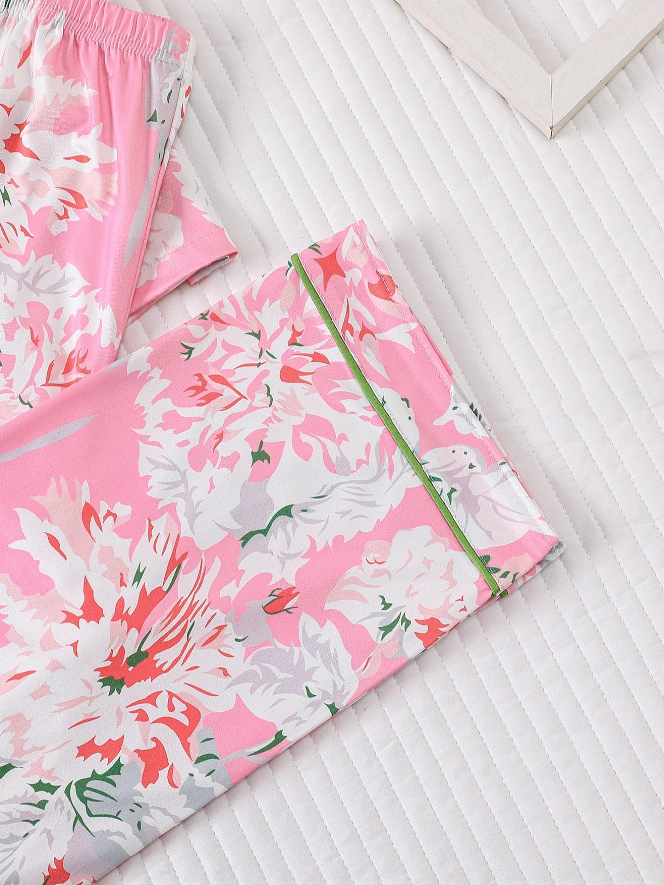 2 pieces of women's cotton print short sleeved pants sleepwear set Pajama Set with pockets suitable for all seasons, fashionable, comfortable, elegant and casual home wear