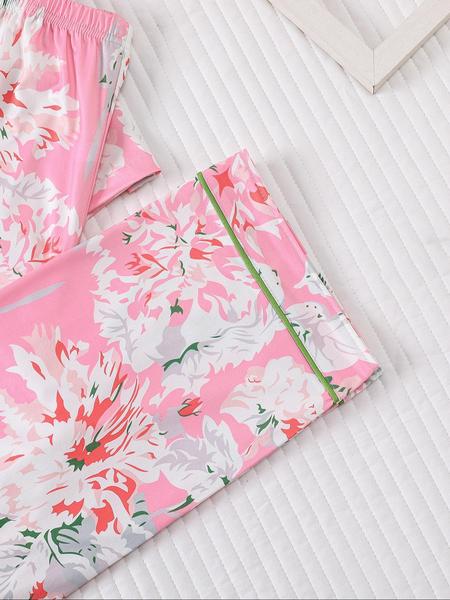 2 pieces of women's cotton print short sleeved pants sleepwear set Pajama Set with pockets suitable for all seasons, fashionable, comfortable, elegant and casual home wear