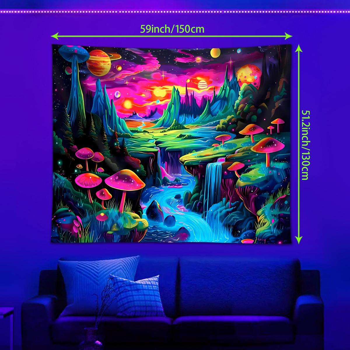 Neon Mushroom Landscape Tapestry, 1 Count UV Responsive Black Light Glow in the Dark Tapestry with Installed Accessories, Wall Decor for Home Living Room Bedroom