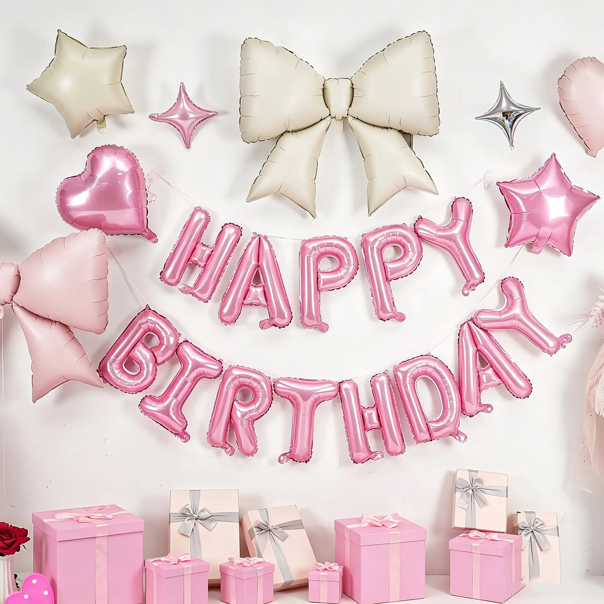 Cream Pink Bow Birthday Decor Kit, 3D Letter Foil Balloon Banner with Star & Heart Foil Balloons, 38 Inch Helium-Support Bow Foil Balloons, Women Girl Birthday Party Decorations