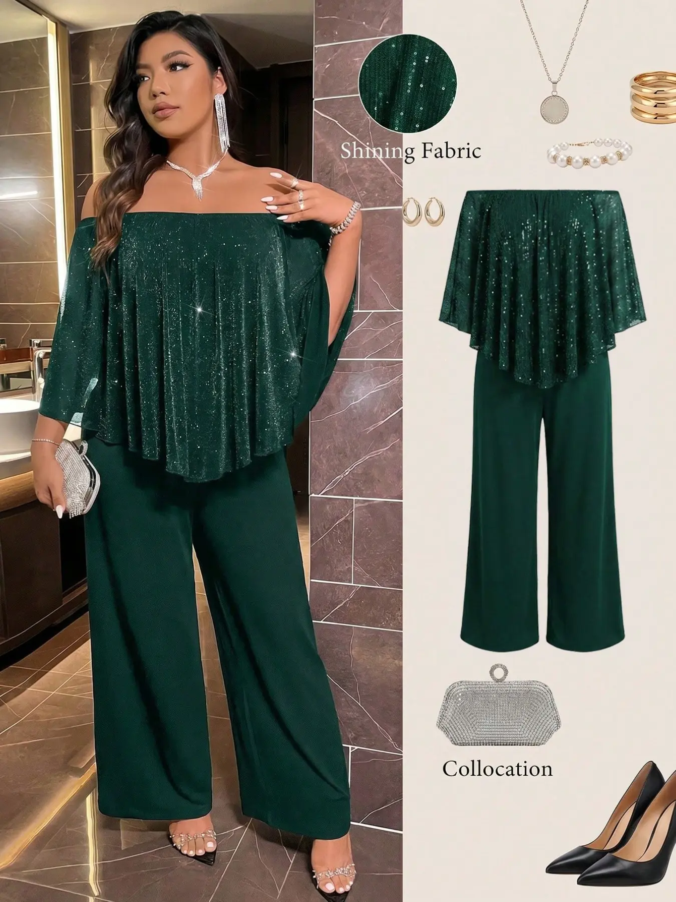 Women's Plus Size Emerald Glitter Knit Jumpsuit, One-Shoulder Ruffle Cape Layered Wide Leg Bodysuit, Elegant Party Dress