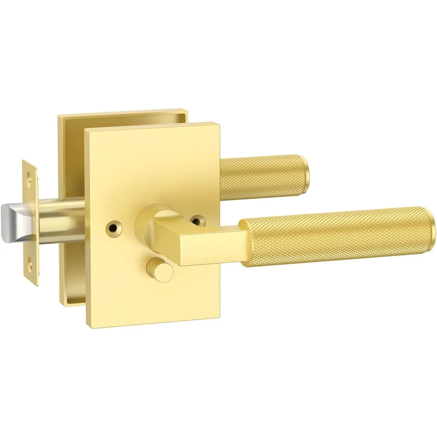1 Pack Zinc Alloy Brushed Brass Knurled Lever, Heavy-Duty Interior Door Handle with Lock & Adjustable Latch, Keyless Reversible for Right-Left Side Standard Doors AM0032