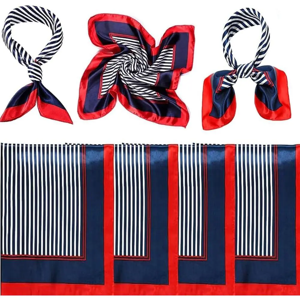 4 count Sailor Scarf Stain Flight Attendant Scarf Square 20 Inch Red White Blue Stripe for Women Costume Handbag