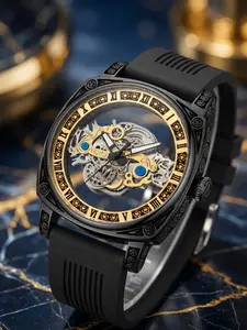 Gold Floral Hollow Out Mechanical Men's Watch, Analog Watches, Bucket Shape Case, Roman Numerals, Silicone Strap, Waterproof, Fashionable