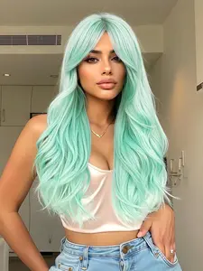 26 Inch Mint Green Long Curly Wigs for Women, Gorgeous Fluffy Wigs with Blunt Bangs, Synthetic Full Machine Wigs for Party, Daily Use