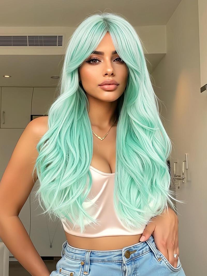 26 Inch Mint Green Long Curly Wigs for Women, Gorgeous Fluffy Wigs with Blunt Bangs, Synthetic Full Machine Wigs for Party, Daily Use