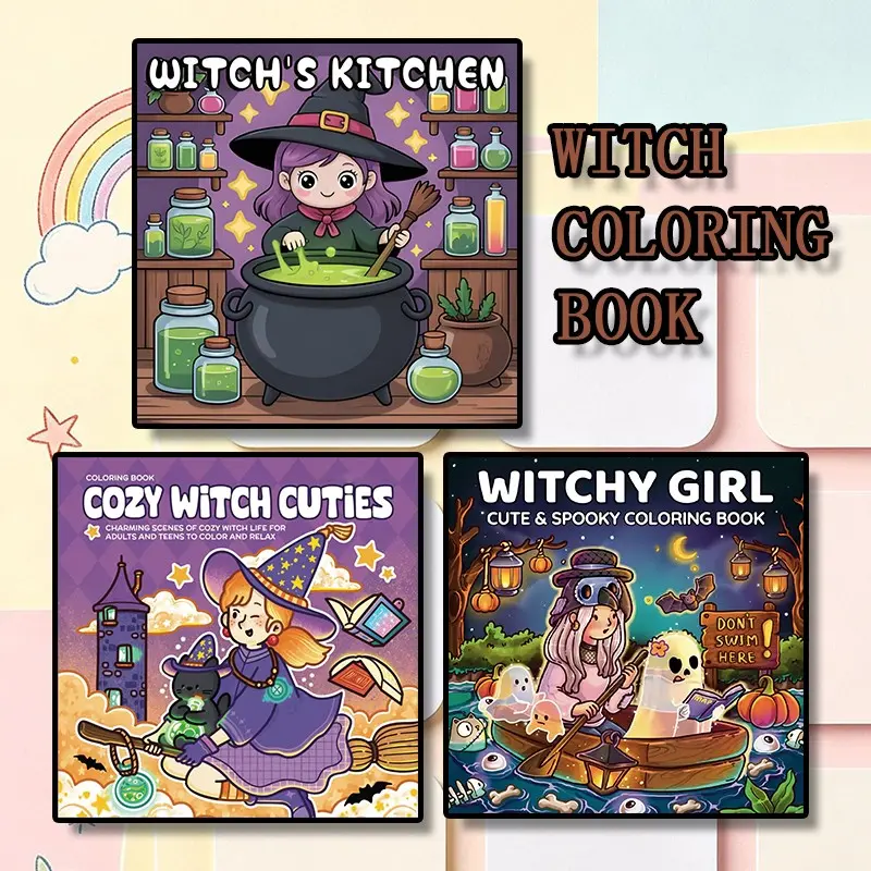 1/3-Piece Cozy Witchy Girl Cuties Coloring Book,Cute Gothic Witch Halloween Coloring Page, an excellent gift for those who love witchcraft. Easy to color, DIY coloring supplies, specially designed for teenagers and adults