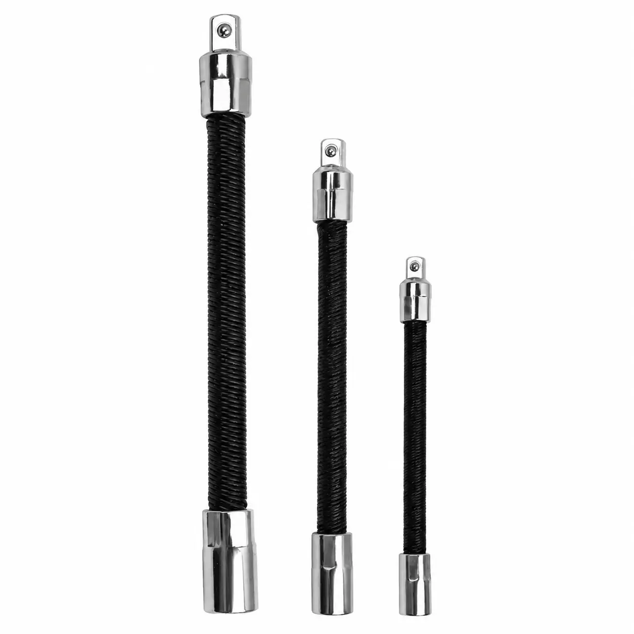 Professional 3-Piece Flexible Socket Extension Bar Set with Spring-Loaded Detent Balls for Secure Fit—Compatible with 1/2-Inch, 3/8-Inch, and 1/4-Inch Drive Ratchets, Ideal for Tight-Angle Automotive, Mechanical, and DIY Repair Tasks