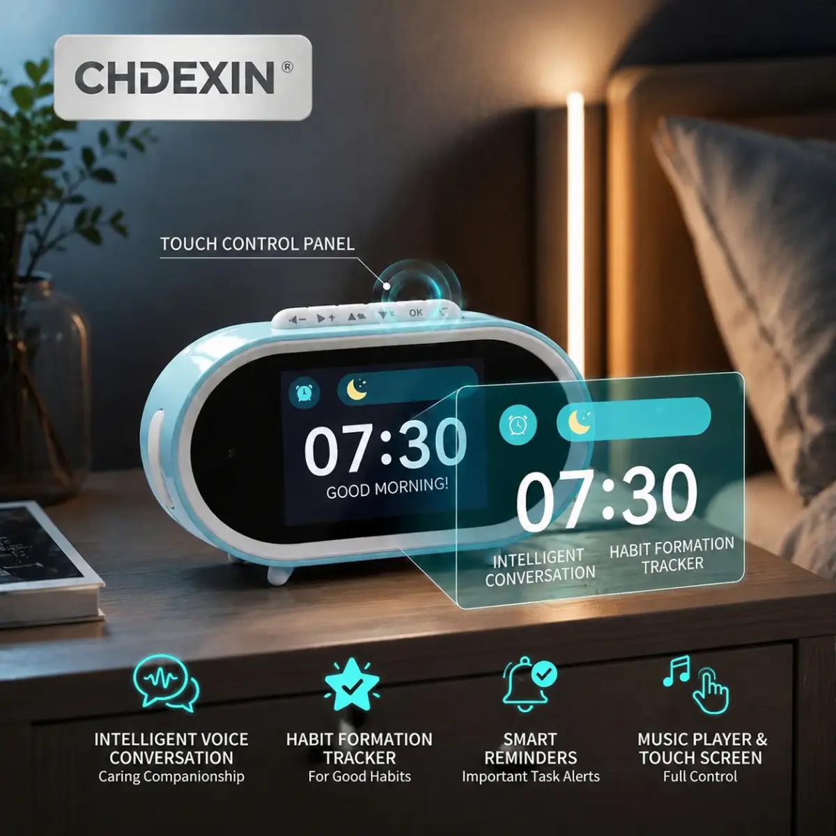 Modern Compact Digital Alarm Clock for Kids & Students, 50 Customizable Alarms, Color LCD Display, Voice Control, Habit Tracker to Build Healthy Routines, Built-in MP3 Sleep Sound Machine, School, Bedroom, Mp3 Music Player, Digital Clock, Sleep Aid