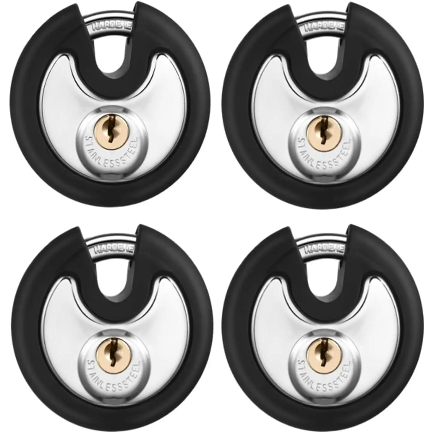 4 Pack 70 mm Keyed Alike Padlocks Round Stainless Disc Pad Lock with Keys for Unit, Sheds, Garages and Fence, Bumper Sheath (Black)