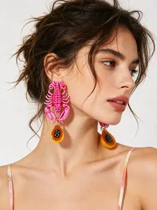 Fun 3D Lobster Papaya Earrings, Acrylic Cartoon Seafood Fruit Beach Vacation Long Drop Earrings for Women, Unique Fashion Jewelry