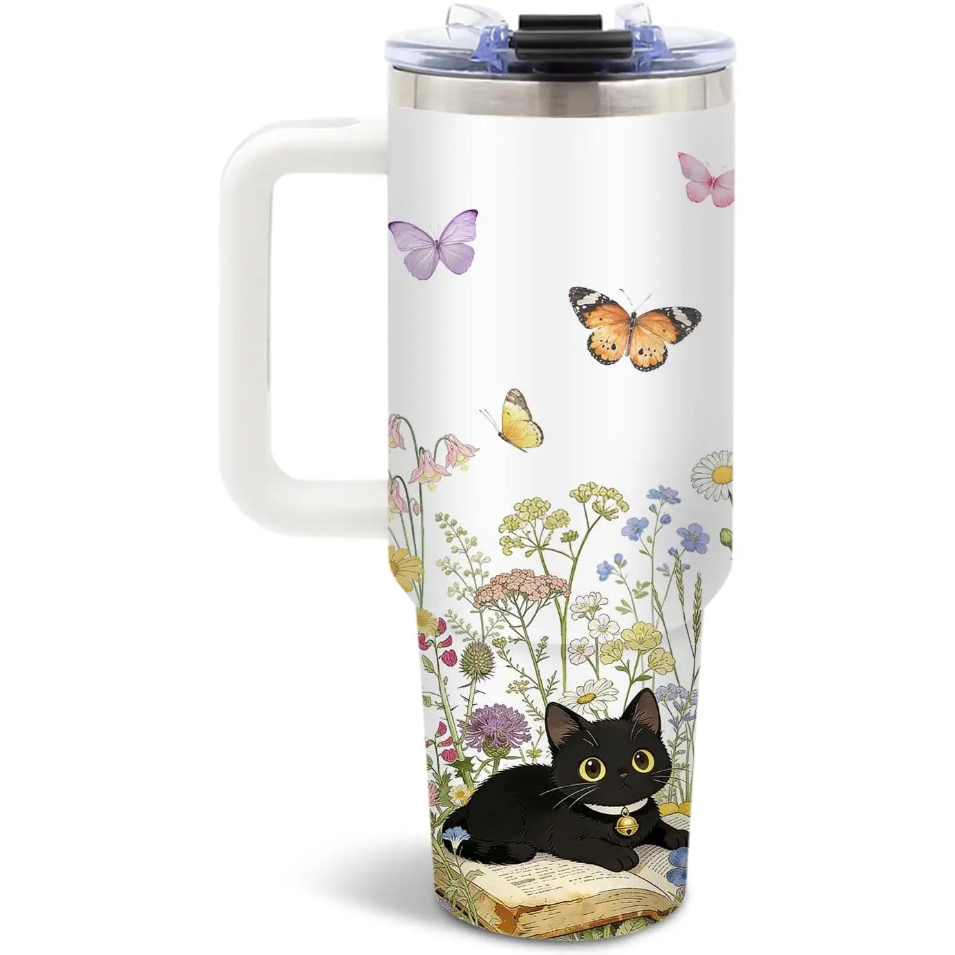 Cat Gifts for Women, Floral 40oz Water Bottle for Girls Cat Pet Lovers | Tumbler with Handle and Straw for Outdoor Sports, Christmas Thanksgiving Birthday Gift for Cat Lover, Wife, Daughter