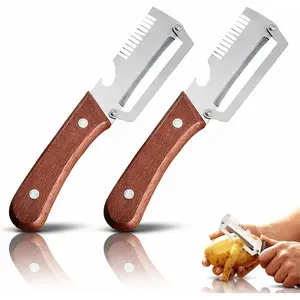 2026New Multi-functional Vegetable Peeler, Ktchen Utensils Multi-function Stainless Steel Thickened Fruit Peeler Knife with Wooden Handle, 3-1,Suitable for Peeling Fruits and Shredding Scallions (2PCS) Kitchenware