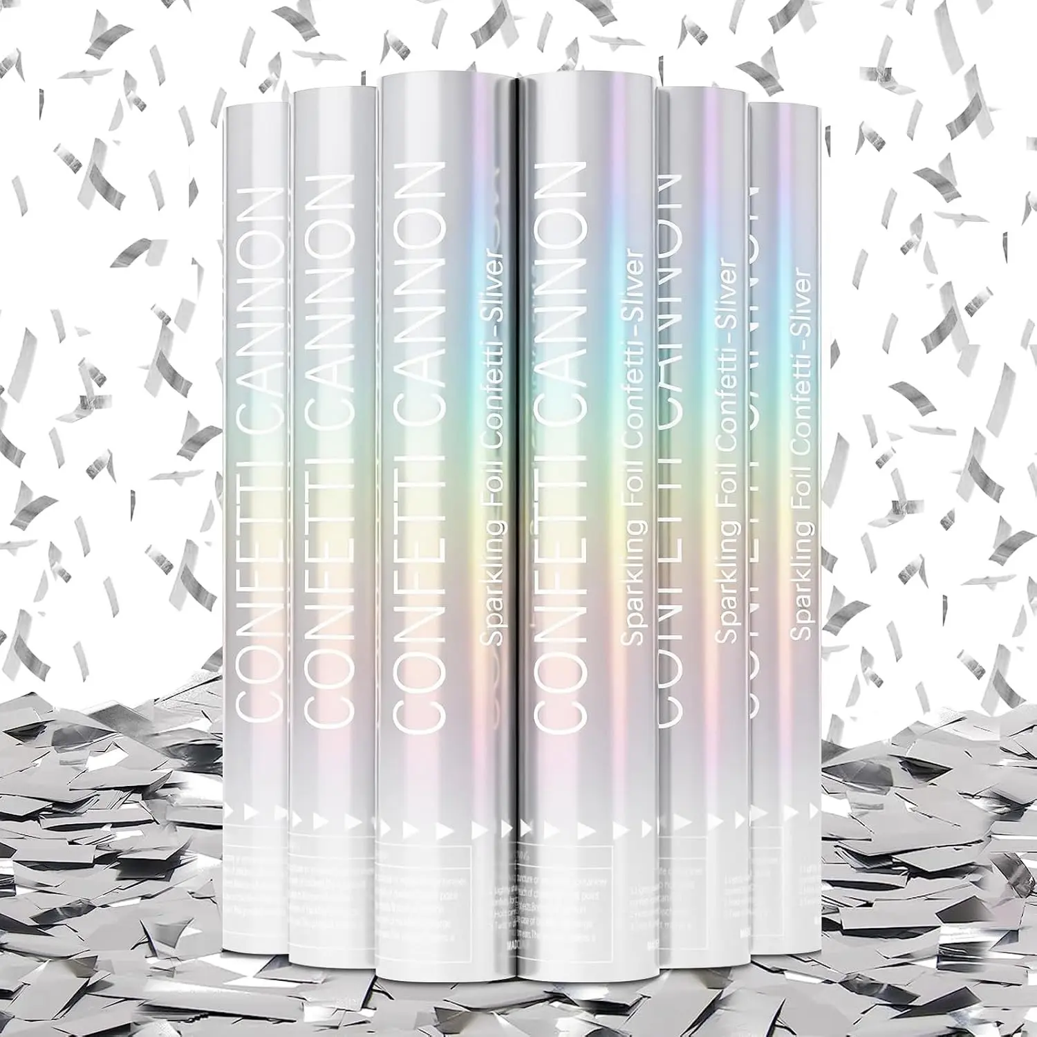 6 Pack Silver Confetti Cannons 12 Inch Streamer Foil Party Poppers Shooters Bulk for Wedding, Birthday, Graduation, New Year CelebrationGift