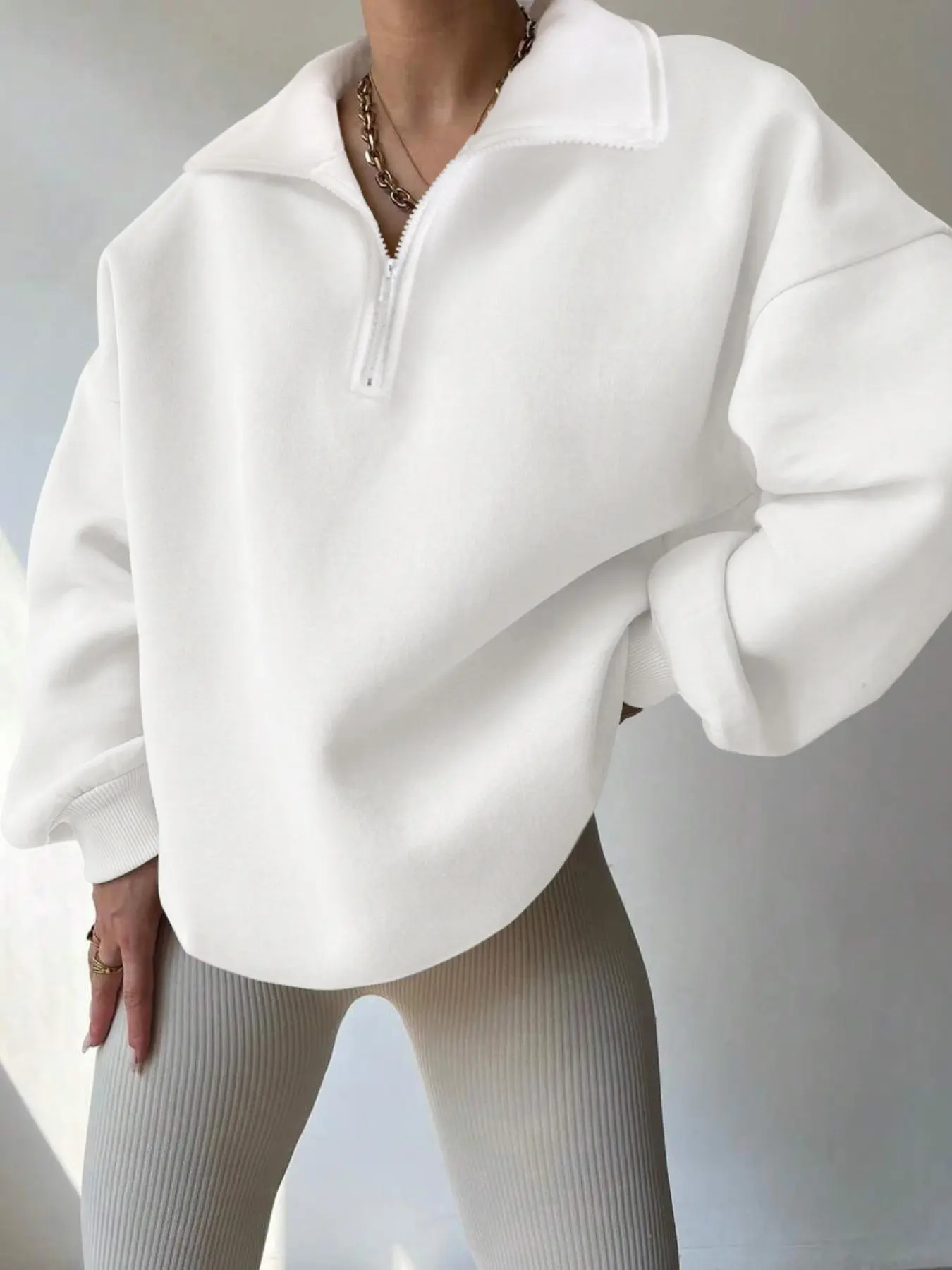 Women's Fall Winter Half-Zip Stand Collar Sweatshirt, American Oversize Drop Shoulder Loose Fit, Soft Fleece Lazy Style Casual Outerwear