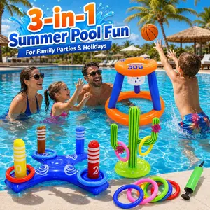 3-in-1 Inflatable Pool Games Set, Floating Basketball Hoop, Ring Toss & Cactus Toss Target, Durable PVC Water Sports Toys for Kids Adults Family, Summer Swimming Pool Party Outdoor Backyard Beach Games Birthday Party Favors
