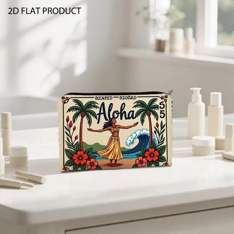 Vintage Hawaiian Hula Girl Aloha Print Cosmetic Bag, Double-sided Pattern Design 5.9*8.66inch Portable Makeup Pouch, Perfect for Storing Beauty Essentials for Travel & Daily Use