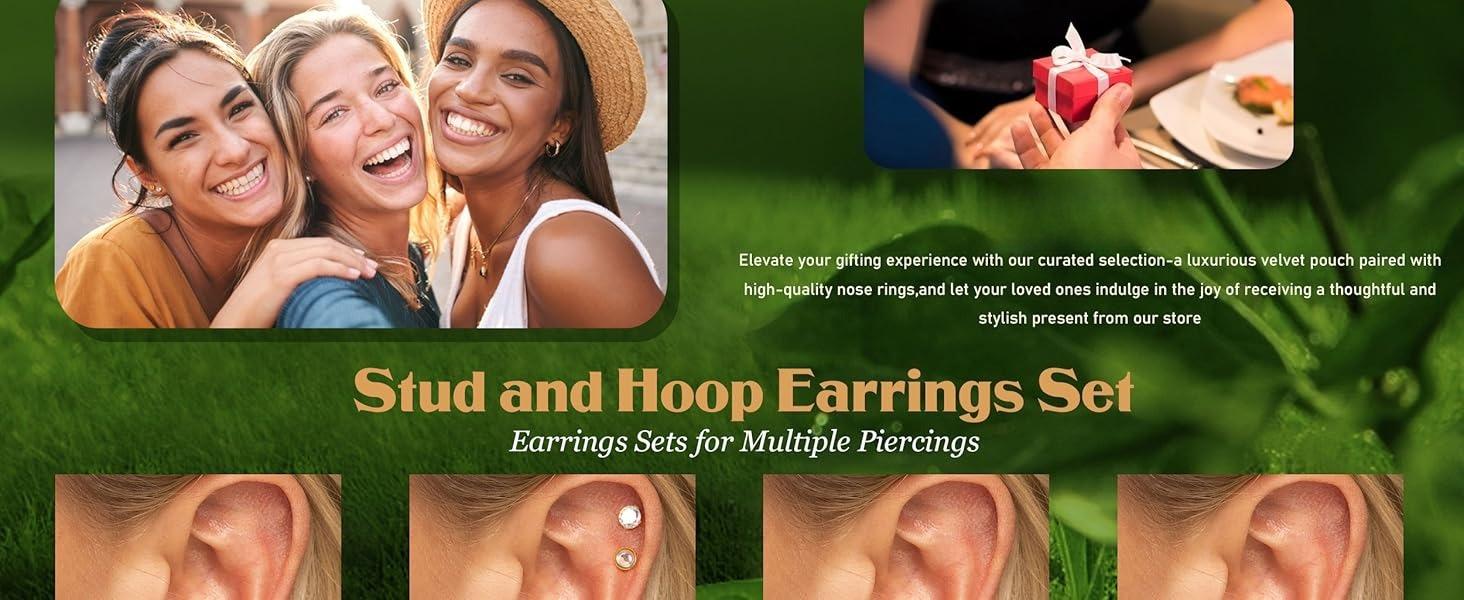 FIBO STEEL 13 Pairs Surgical Steel Flat Back Earrings Set for Women Girls CZ Opal Small Stud Hoop Hypoallergenic Piercing Jewelry Gift