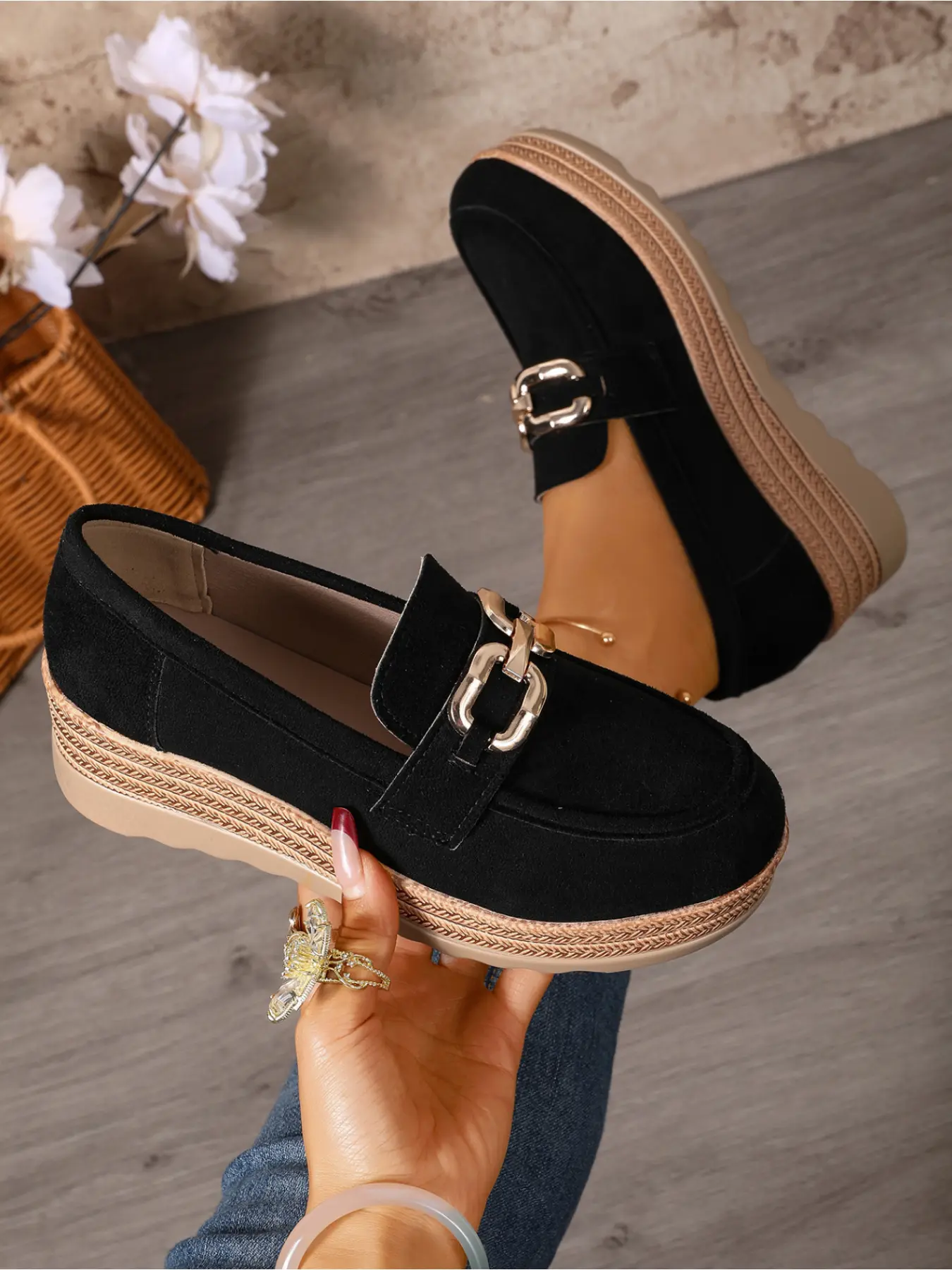 Spring Casual Metal Buckle Wedge Loafers, Women's Faux Suede Slip-On Straw Trim Thick Sole Shoes, Comfortable Daily Commute Footwear