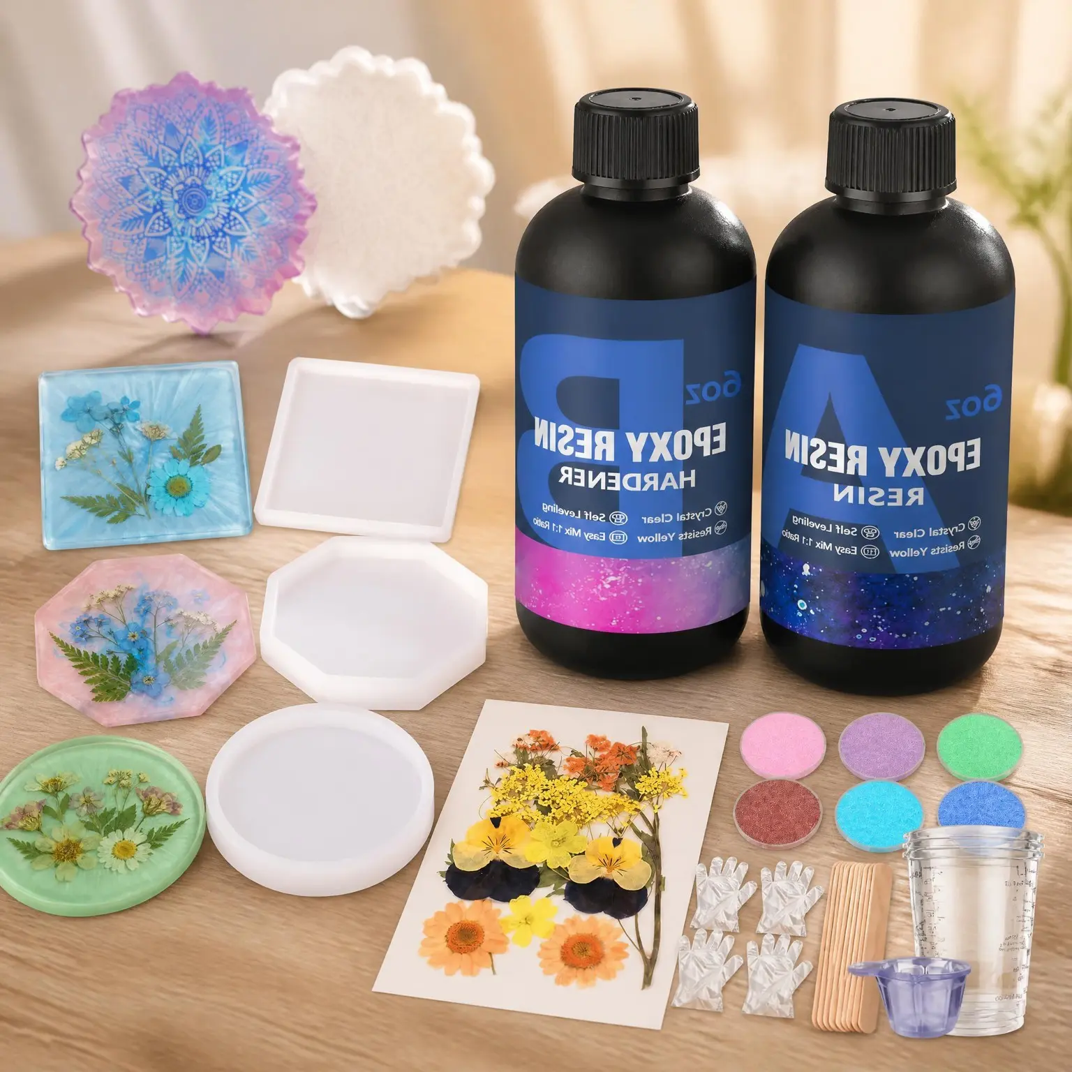 Epoxy Resin Kit for Beginners, 12OZ with Silicone Coaster Molds, Mica Powders, Dried Flowers, Measuring Cups and Other DIY Resin Supplies