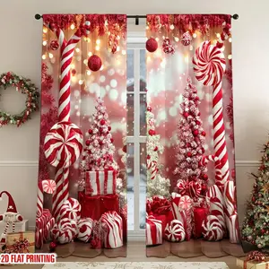 2Pcs Christmas Candy Cane Tree Gift Box Pattern Curtains, Festive Winter Holiday Decorative Window Panels, Light Filtering for Living Room Bedroom Home Decor