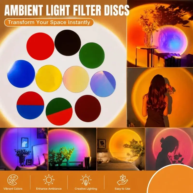 10pcs Multicolor Round Ambient Light Filters, Sunset Projection Lamp Color Changing Filter, Photo Lighting Colored Translucent Sheets