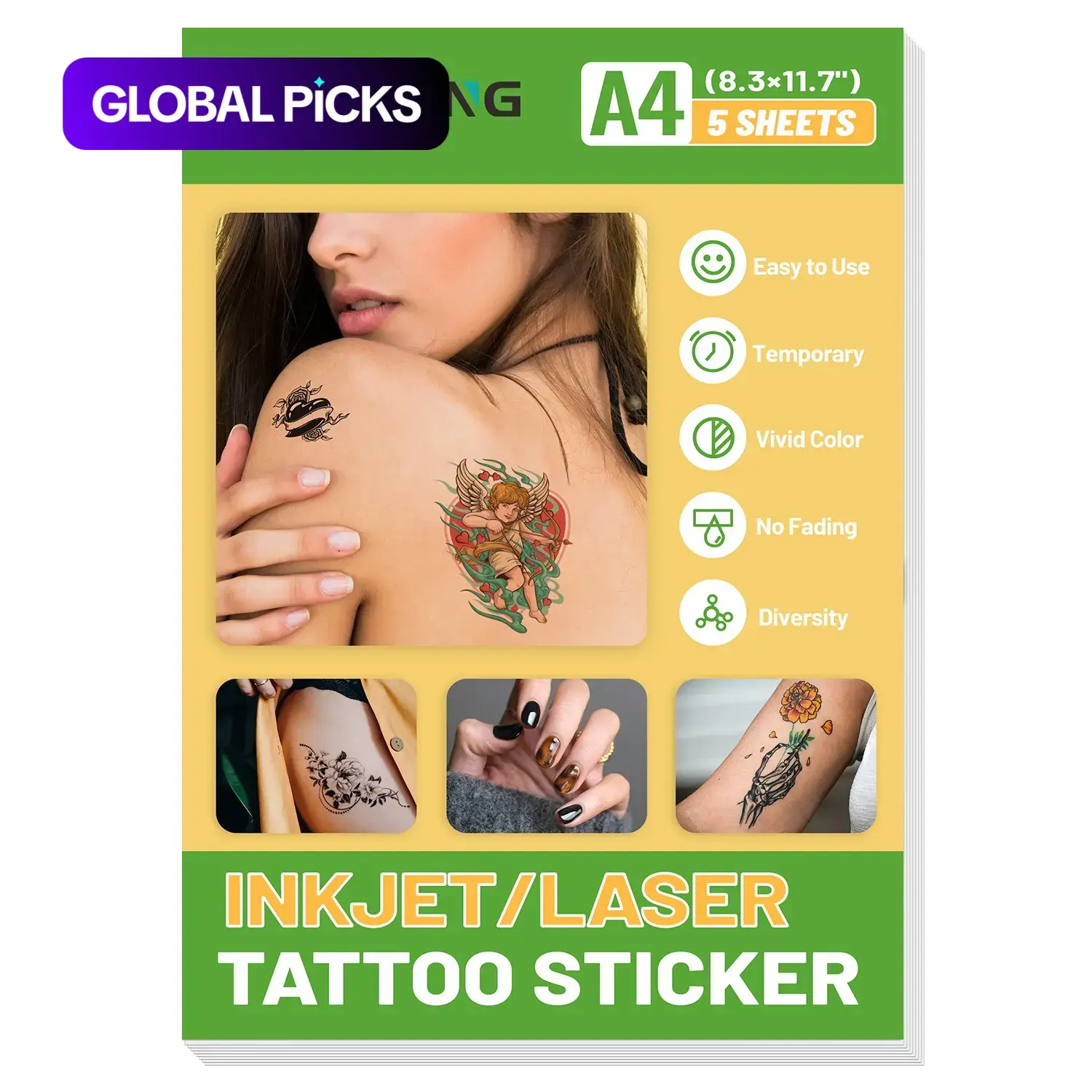 A4 Temporary Tattoo Paper for Inkjet & Laser Printer, 5 Sheets 8.3×11.7-Inch, Ideal for Image Transfers onto Skin, Vivid Color, No Fading #GLOBAL PICKS