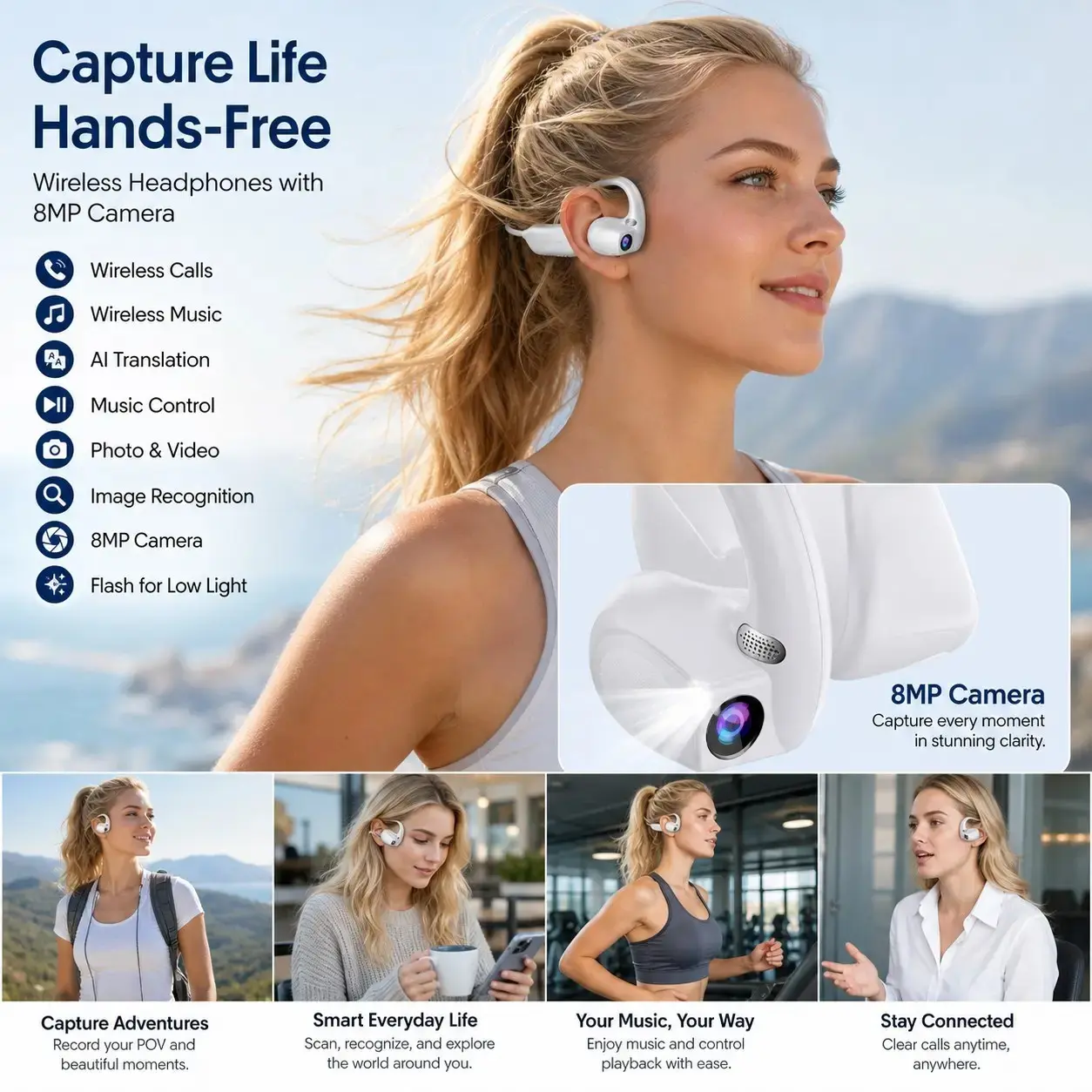 E900 Ai Camera Earbuds, Wireless Bluetooth-compatible, High Definition, One-Touch Photo Video, Ai Translation, APP Control, Outdoor Sports Earbuds