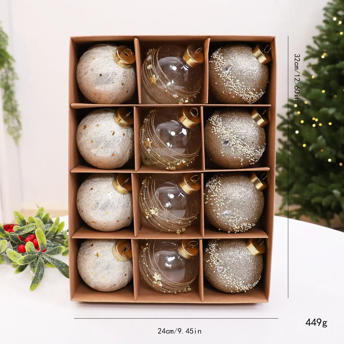 12-Pack 8cm Gold Luxury Christmas Balls Gift Set, Painted Glitter Transparent Round Ornaments, Holiday Tree Decorations