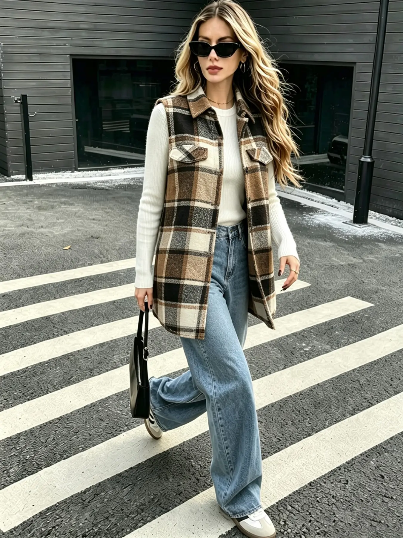 American Vintage Plaid Wool Vest, Button Front, Long Fitted, Fall & Winter, Casual Style, Pocket Design, Layering Outerwear