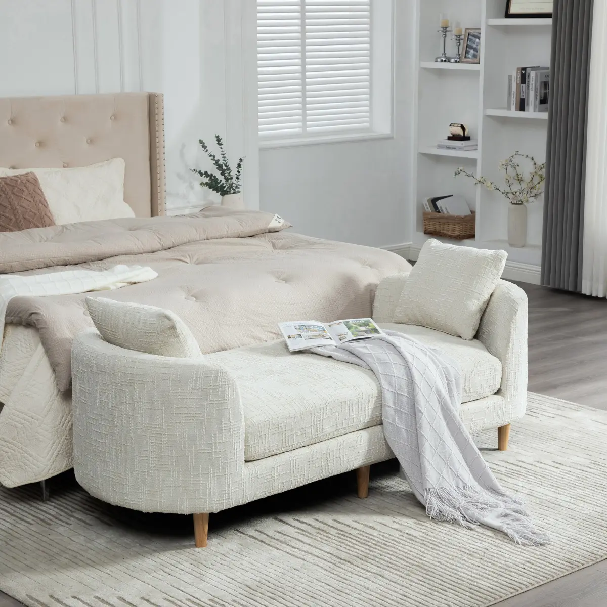 77.17" Wide Modern Upholstered End of Bed Bench with Armrests, Chenille Chaise Lounge Couch with 2 Bolster Pillows, Daybed with Rubberwood Legs For Living Room,Bedroom,Apartment,Guestroom