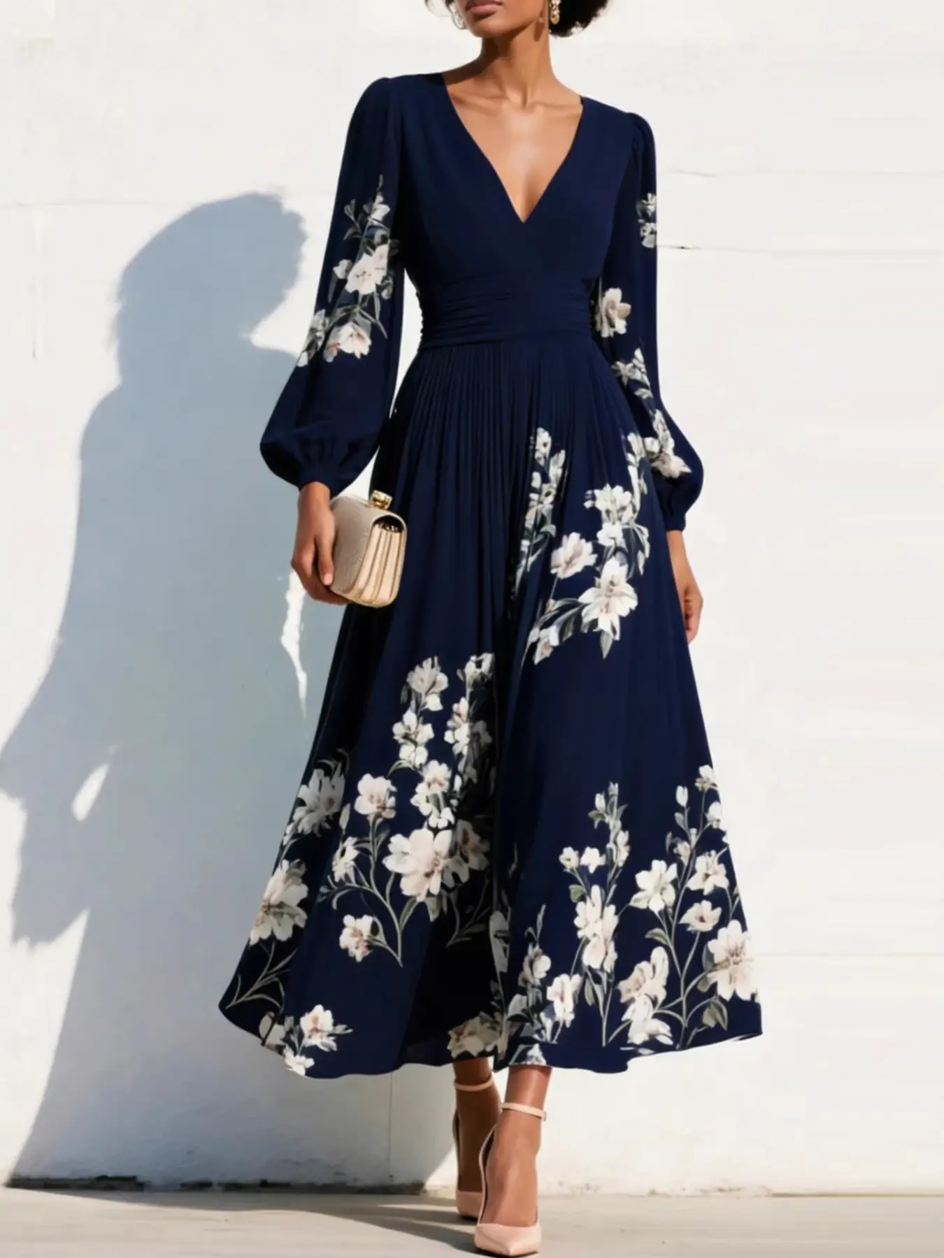 2026 European Women's Digital Print Floral Long Sleeve V-Neck Pleated Dress, Elegant Evening Gown, Perfect for Special Occasions