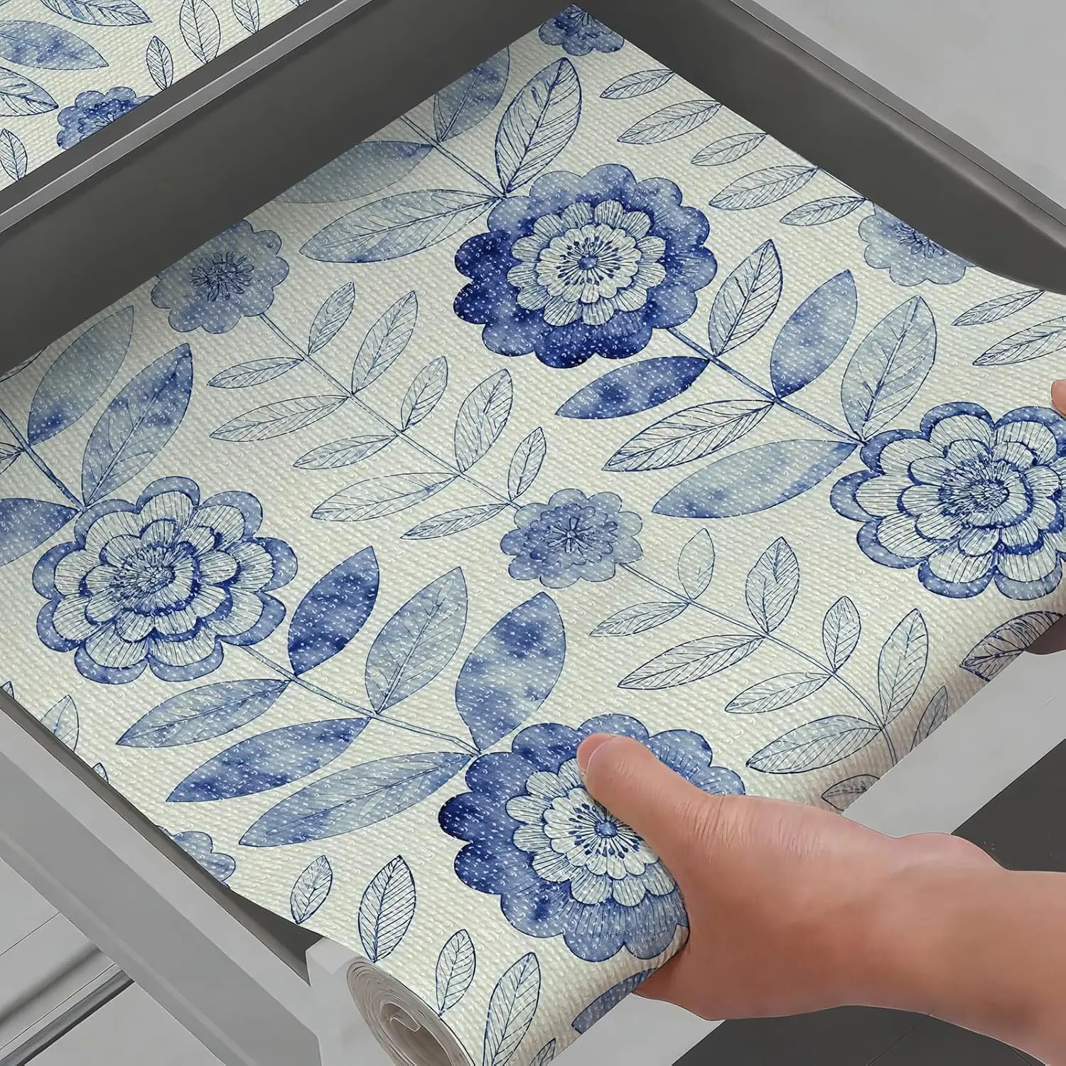Drawer and Shelf Liner for Kitchen Cabinets Non-Adhesive | Floral Shelf Liner Non-Slip  Blue Flower Drawer Liner for Cupboard Shelves Easy to Clean Cabinet Liner 12IN×10FT