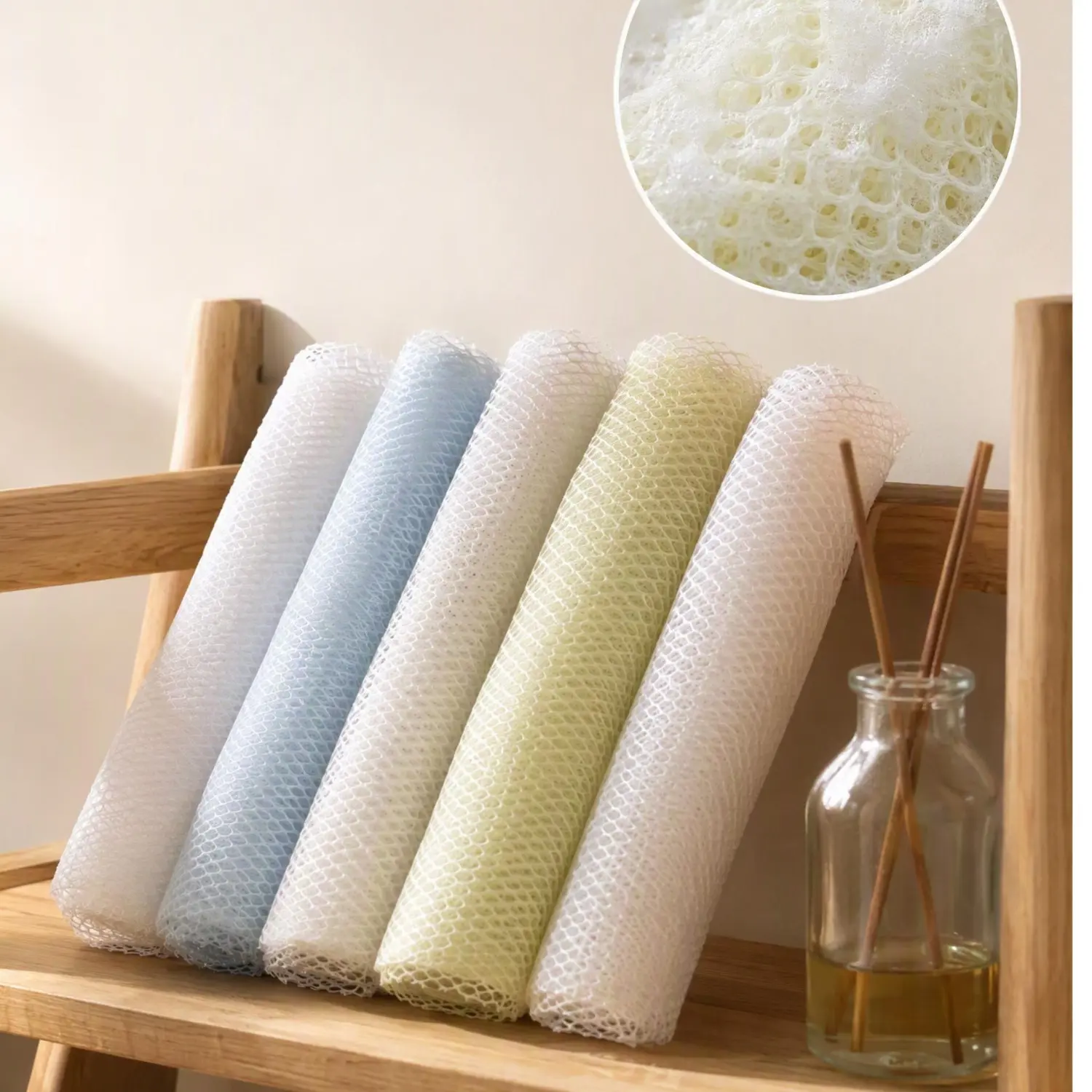 5PC African Net Sponge Exfoliating Bath Washcloth, Long Nylon Body Scrubber for Shower, Quick Drying Rich Lathering Exfoliator Cloth, Back Scrubbing Mesh Netting Women Men Bathroom Accessories