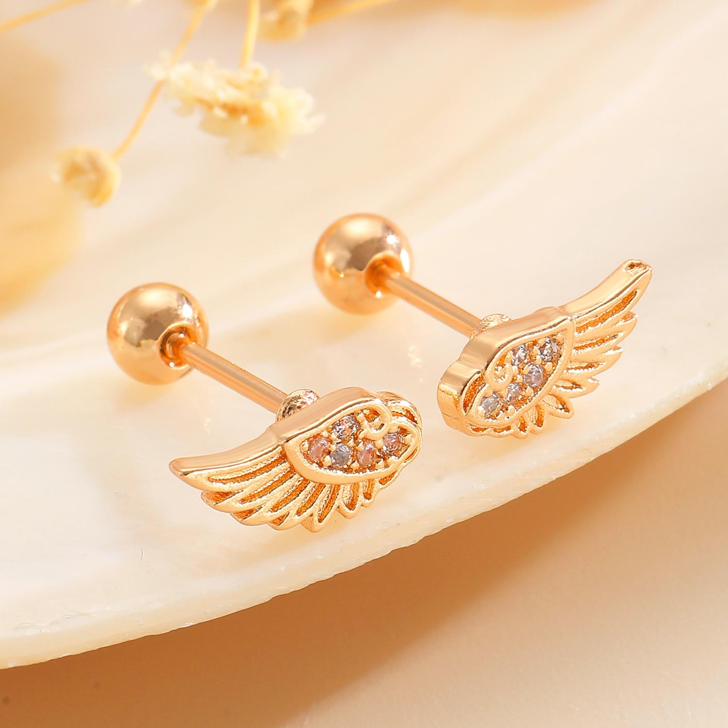 Angel Wings Design Couple Cartilage Piercing Ear Studs, Sweet and Cool Hot Girl Style Micro Inlaid Zirconia Earrings